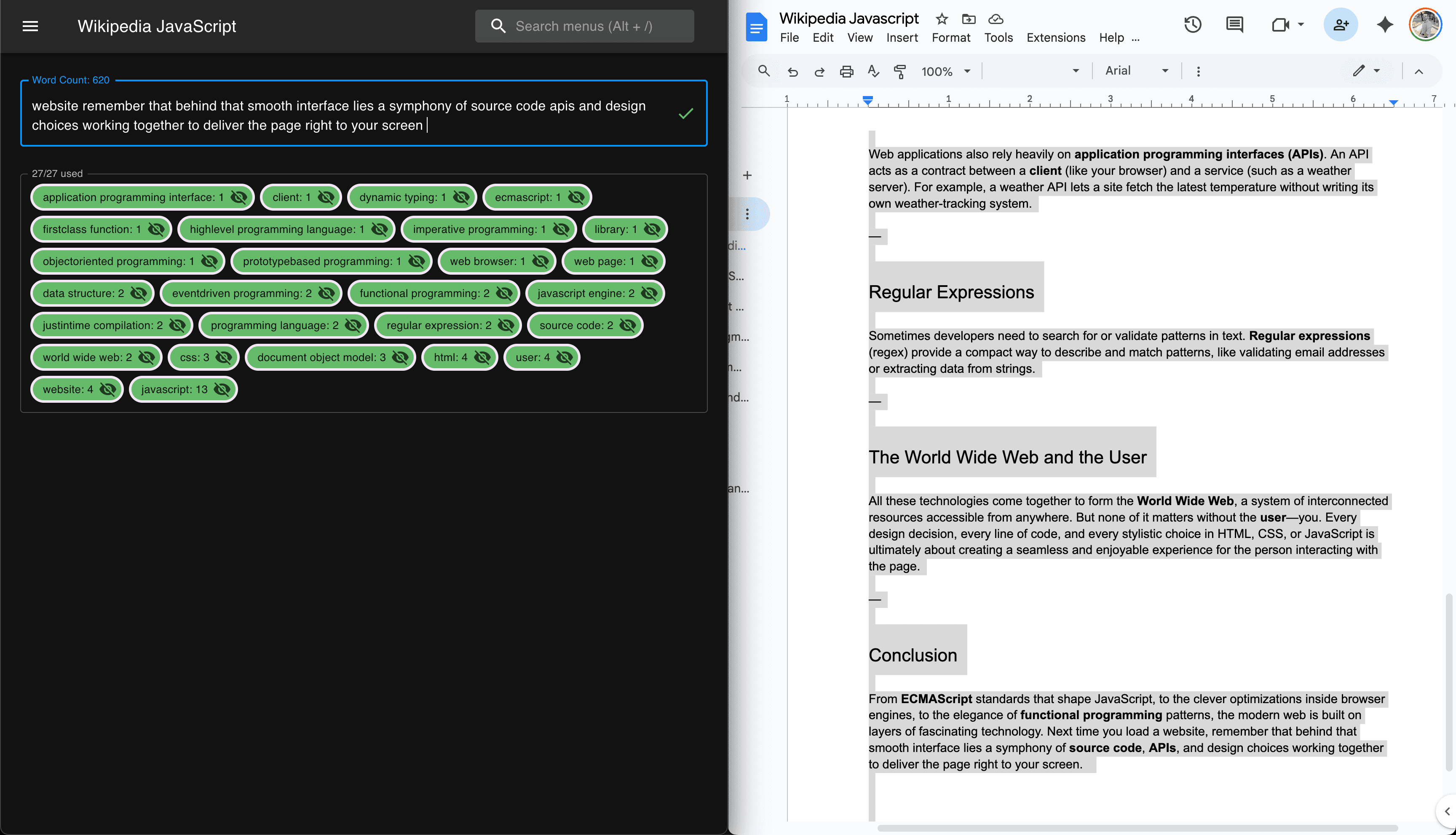 split screen of Kwdz tracker left, Google doc right. Kwdz is showing all SEO terms have been used.
