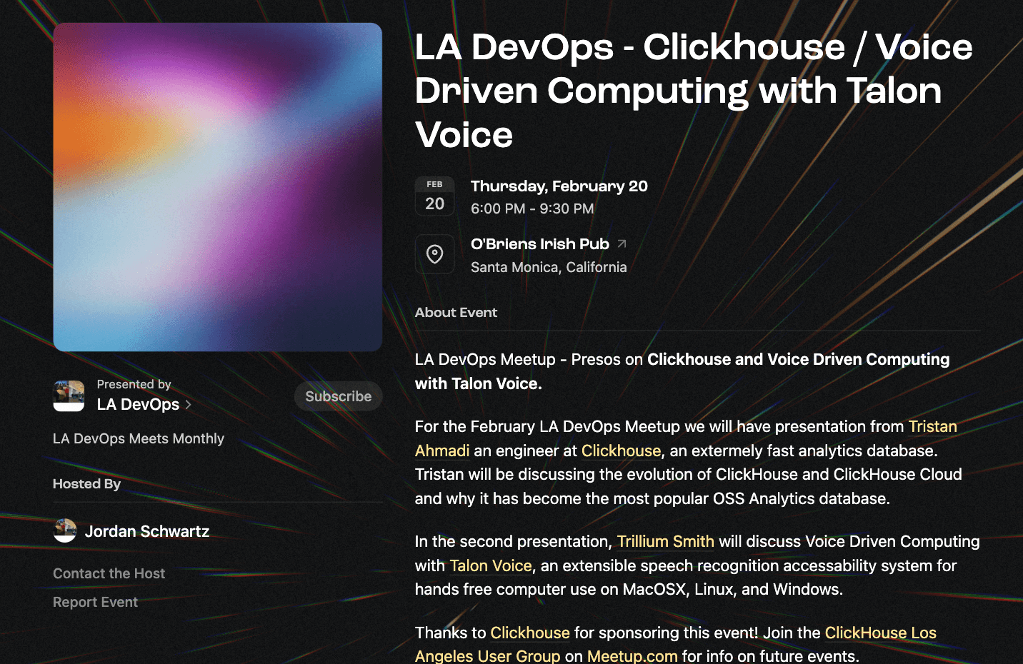 Event page for DevOps Days LA featuring presentations on ClickHouse and Voice Driven Computing with Talon Voice.